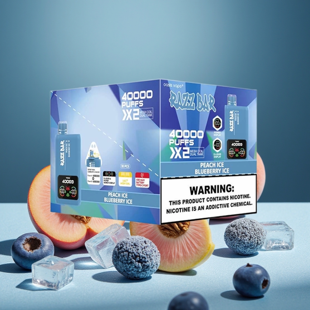 Razz Bar 40000 Puffs Disposable Vape PFIRSICH EIS & BLAUBEERE EIS mit Power Screen Display, 1.0Ω×2 Mesh Coil, 650 mAh Battery, Type-C Port, 2%,5% Nikotin