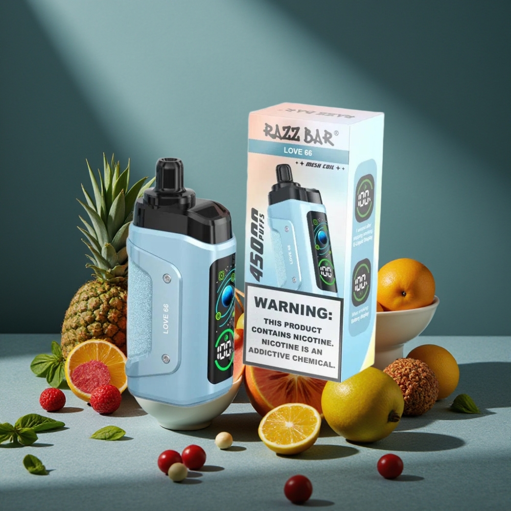 Razz Bar 45000 Puffs Einweg-Vape Liebe 66 mit 1,0 Ohm Mesh Coil, verstellbarem Luftstrom, 650 mAh Akku, Type-C Ladung, 20 mg/ml Nikotin