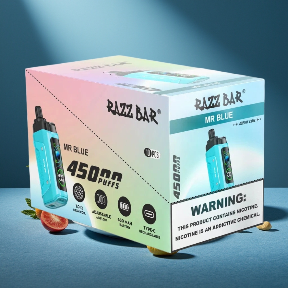 Razz Bar 45000 Puffs Wegwerf-Vape Herr Blau mit 1,0 Ohm Mesh Coil, verstellbarem Luftstrom & Typ-C Ladung