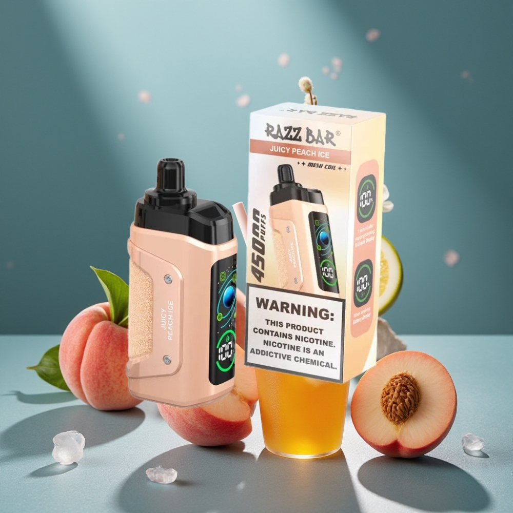 Razz Bar 45000 Puffs Wegwerf-Vape Saftiger Pfirsich Eis mit 1,0 Ohm Mesh Coil, einstellbarem Luftstrom, 650 mAh Akku, Typ-C-Ladung, 20 mg/ml Nikotin