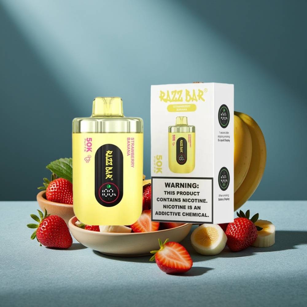 Razz Bar 50K Puffs Einweg-Vape Erdbeer-Banane 1.0 Ohm Mesh Coil 650mAh Typ-C 2% Nikotin