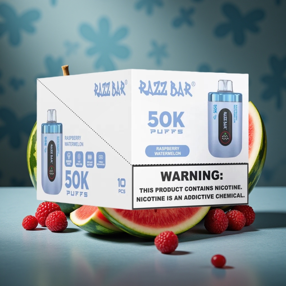 Razz Bar 50K Puffs Wegwerf-Vape Himbeer-Wassermelone Typ-C Aufladbar 650mAh 2% Nikotin