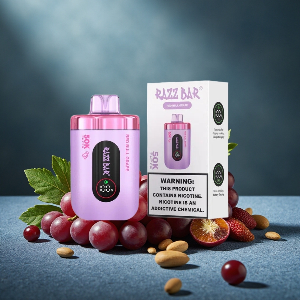 Razz Bar 50K Puffs Wegwerf-Vape Red Bull Traube 1.0 Ohm Mesh 650mAh Type-C 2% Nikotin