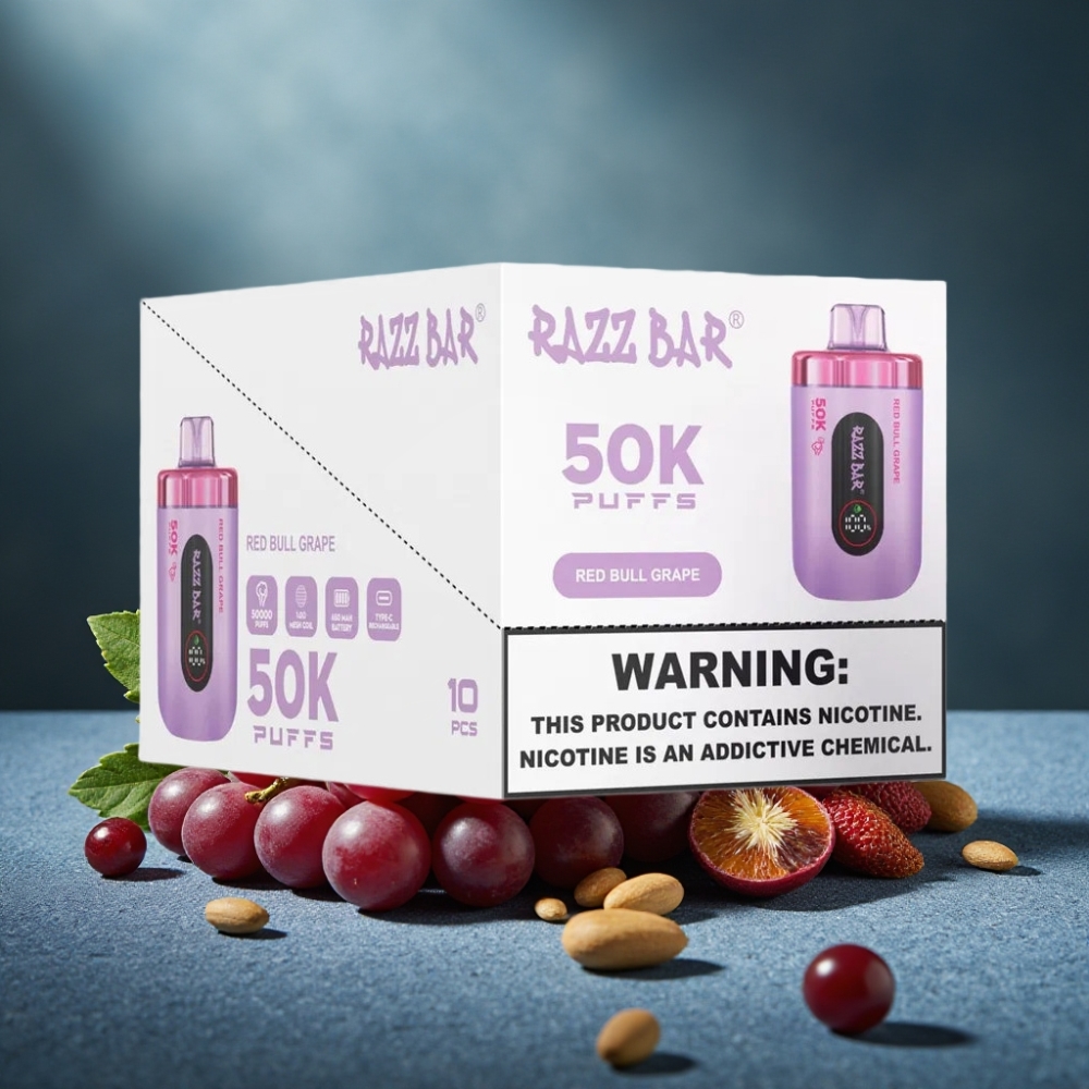 Razz Bar 50K Puffs Wegwerf-Vape Red Bull Traube 1.0 Ohm Mesh 650mAh Type-C 2% Nikotin